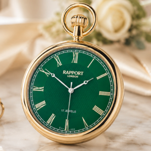 Mechanical Emerald Open Face Gold Plated Pocket Watch