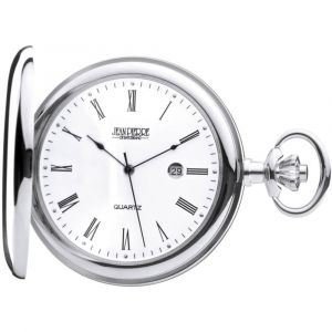 Full Hunter Chrome Plated Quartz Pocket Watch With T Bar Chain