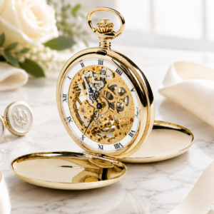 Gold Plated 17 Jewel Mechanical Skeleton Double Hunter Polished Pocket Watch