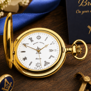 Gold Tone Full Hunter 17 Jewel Quartz Pocket Watch With Masonic Dial