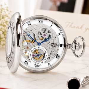 Chrome Double Half Hunter Skeleton Pocket Watch