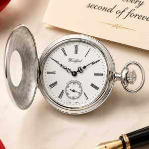 Sterling Silver 17 Jewel Half Hunter Mechanical Pocket Watch & Albert Chain