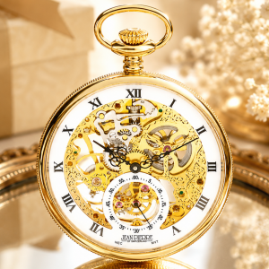 Gold Plated Open Face 17 Jewel Skeleton Pocket Watch