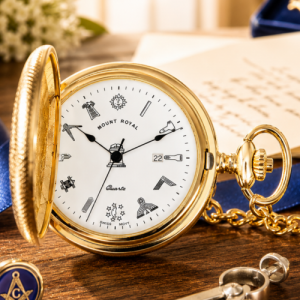 Masonic Gold Plated Half Hunter Quartz Pocket Watch