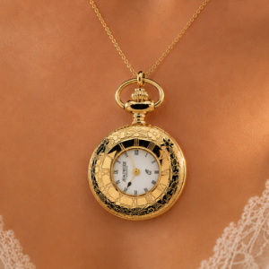Gold Plated Half Hunter Quartz Pendant Watch With Roman Numerals