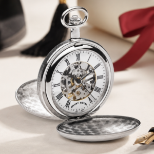 Chrome Plated Skeleton Mechanical Double Hunter Pocket Watch