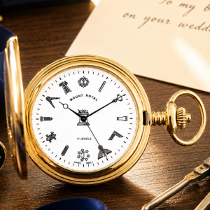 Gold Plated Masonic Mechanical Engine Turned Full Hunter Pocket Watch