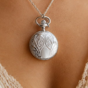 Silver Plated Full Hunter Pendant Necklace Watch