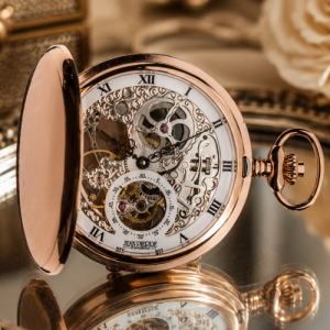 Rose Gold Plated Double Hunter Skeleton Mechanical Pocket Watch
