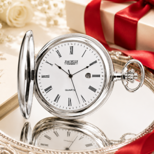 Full Hunter Chrome Plated Quartz Pocket Watch With T Bar Chain