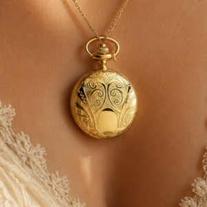 Gold Tone Full Hunter Pattern Quartz Pendant Necklace Watch