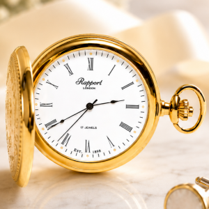 Gold Plated Mechanical Hunter Pocket Watch with Skeleton Back