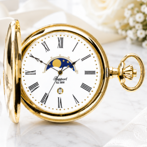 Gold Plated Polished Moon Phase Half Hunter Quartz Pocket Watch