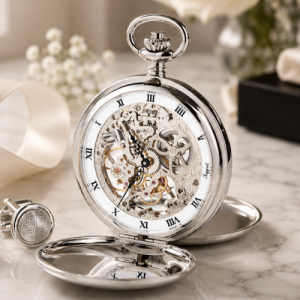 Chrome Plated Mechanical Skeleton Double Hunter Polished Pocket Watch