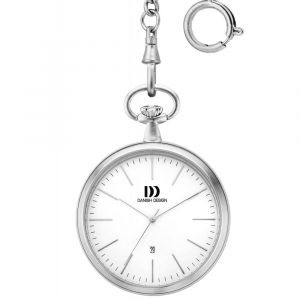 White Open Face Brushed Chrome Pocket Watch with Chain