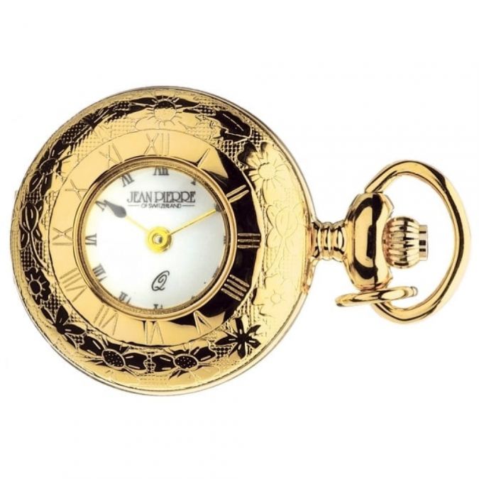 Gold Plated Half Hunter Quartz Pendant Watch With Roman Numerals