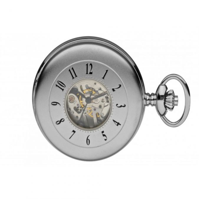 Matt Finish Chrome Plated Mechanical Half Hunter Pocket Watch