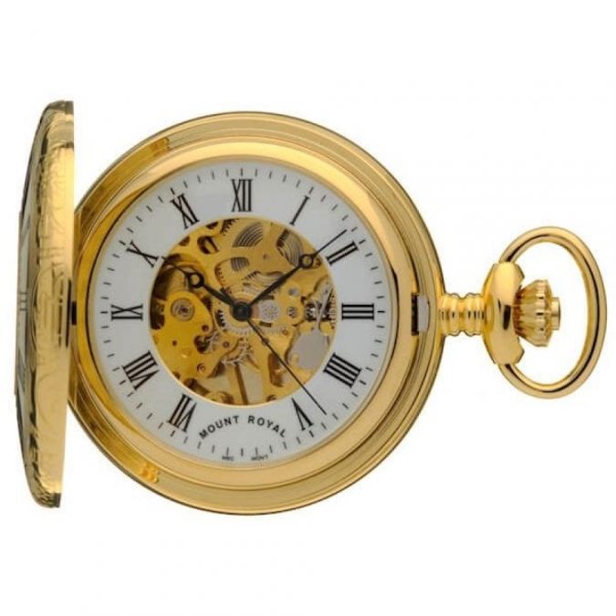 Gold Plated Mechanical Half Hunter Pocket Watch Skeletal Display