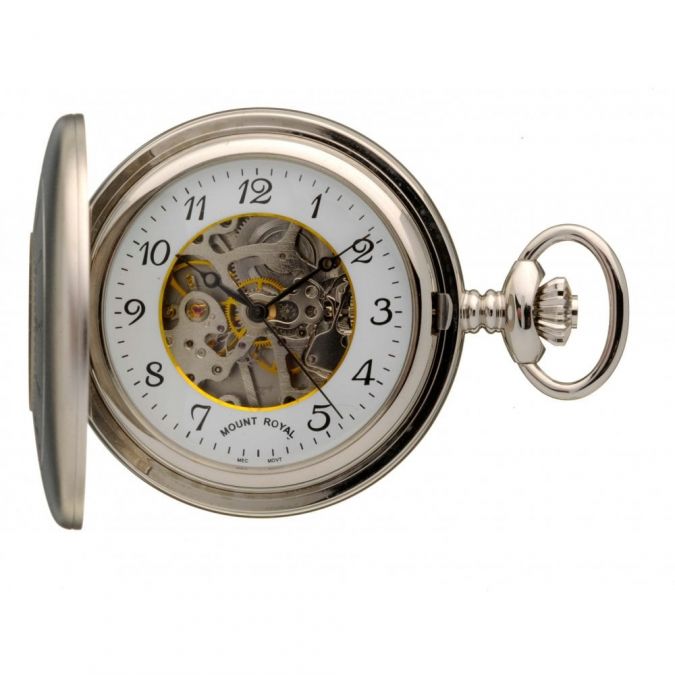 Matt Finish Chrome Plated Mechanical Half Hunter Pocket Watch