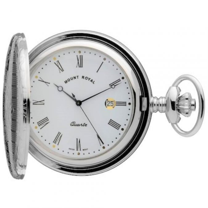 Chrome Plated Full Hunter Quartz Pocket Watch White Dial