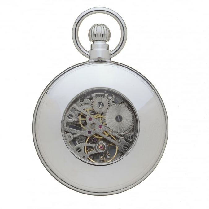 Polished Chrome 17 Jewel Mechanical full Hunter Pocket Watch With Open Lace Effect Front Case