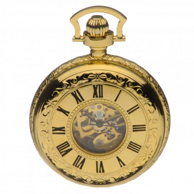 Gold Plated Mechanical Double Half Hunter Pocket Watch