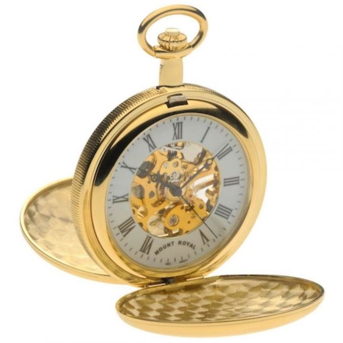 Gold Plated Skeleton Mechanical Double Hunter Pocket Watch