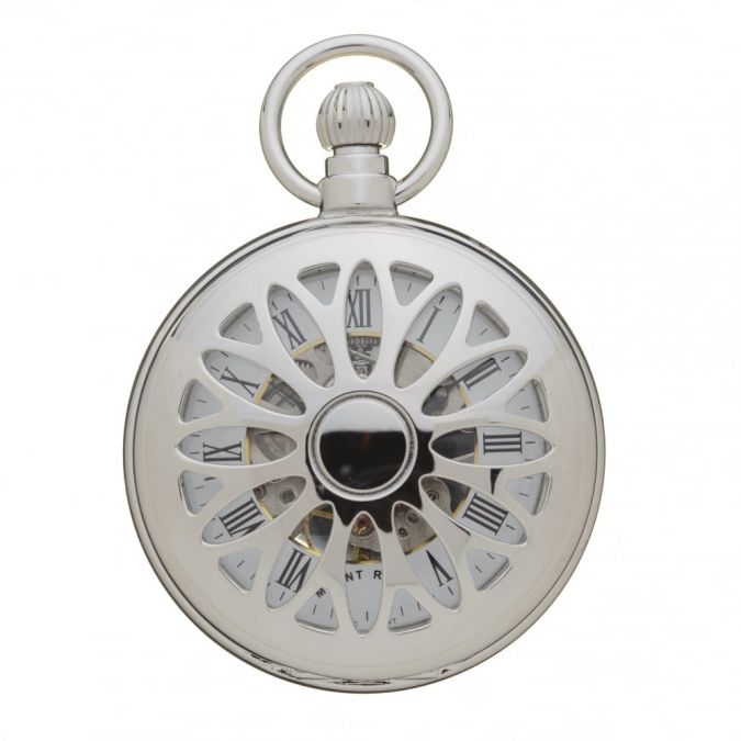 Polished Chrome 17 Jewel Mechanical full Hunter Pocket Watch With Open Lace Effect Front Case