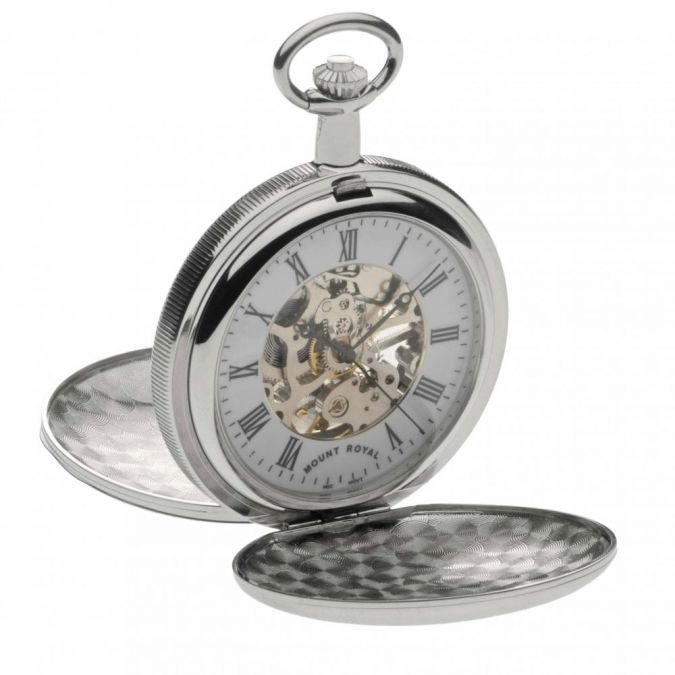 Chrome Plated Skeleton Mechanical Double Hunter Pocket Watch