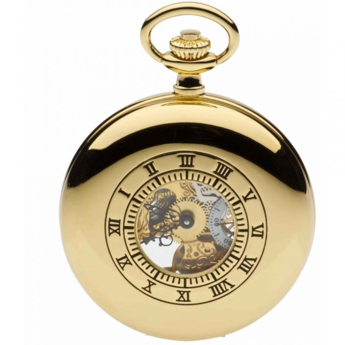 Gold Plated Half Hunter Mechanical Pocket Watch With Open Back
