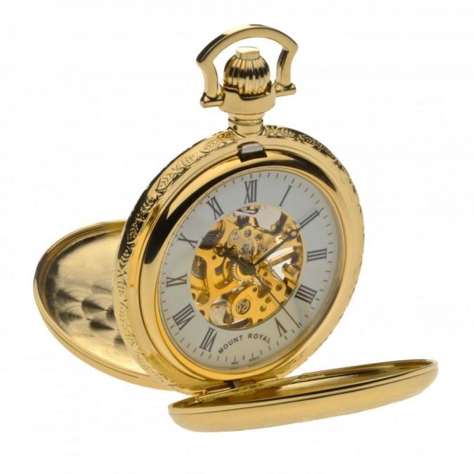 Gold Plated Mechanical Double Half Hunter Pocket Watch