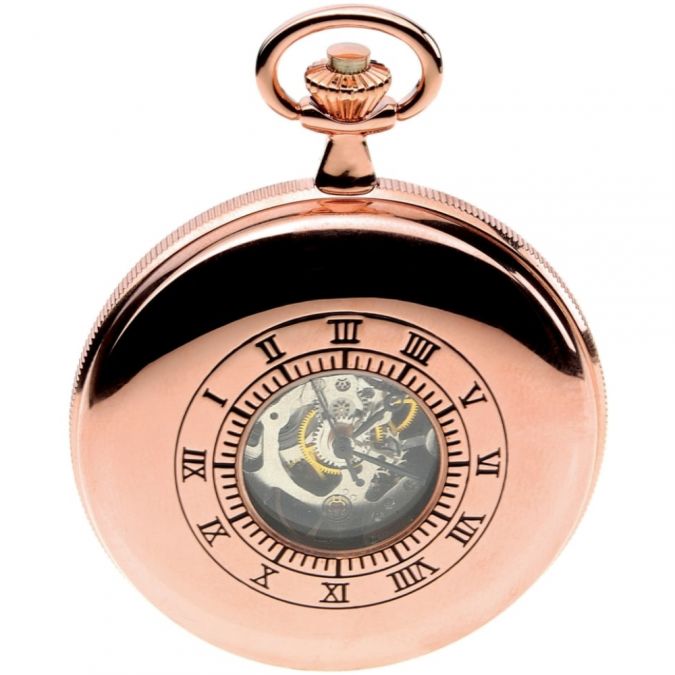 Rose Gold Plated Double Half Hunter Mechanical Pocket Watch