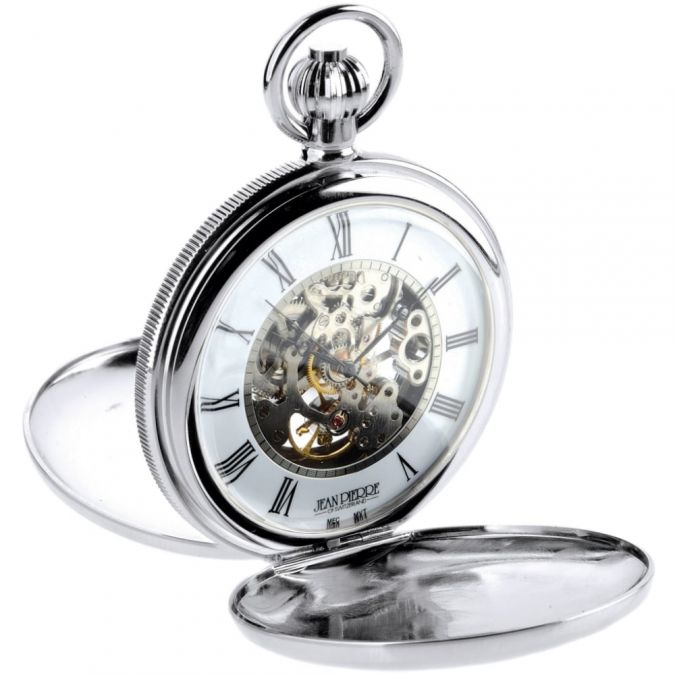 Chrome Plated Mechanical Double Hunter Pocket Watch With Heartbeat Window