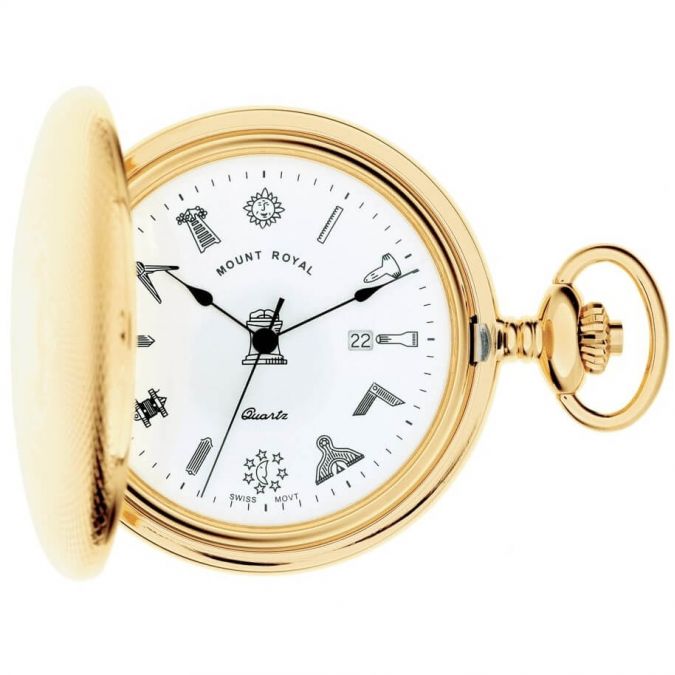 Gold Plated Masonic Engine Turned Quartz Full Hunter Pocket Watch