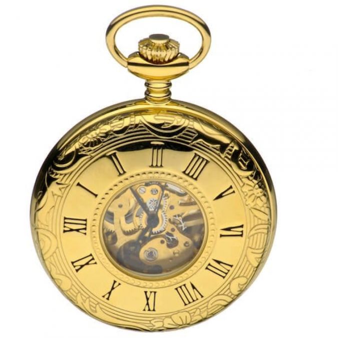 Gold Plated Mechanical Half Hunter Pocket Watch Skeletal Display