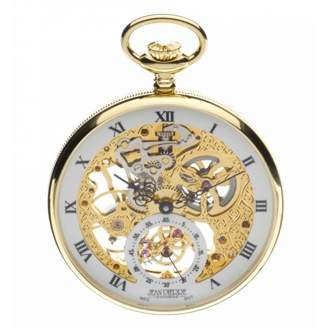 Gold Plated Open Face 17 Jewel Skeleton Pocket Watch