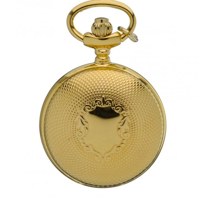 Gold Plated Shield Design Full Hunter Quartz Pendant Necklace Watch