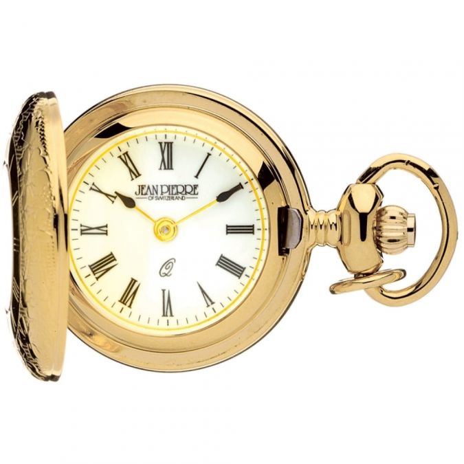 Gold Plated Half Hunter Quartz Pendant Watch With Roman Numerals