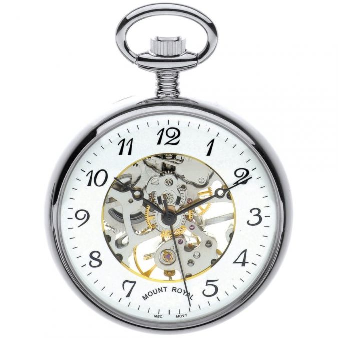 Chrome Plated Mechanical Open Face Pocket Watch with Skeletal Display
