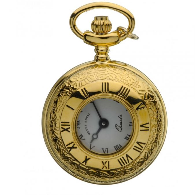 Gold Plated Half Hunter Quartz Pendant Necklace Chain Watch